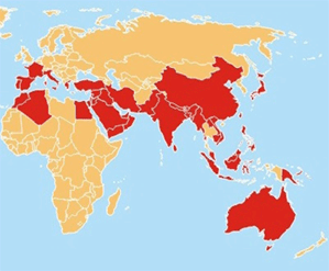 Mapa de países infectados por la plaga.